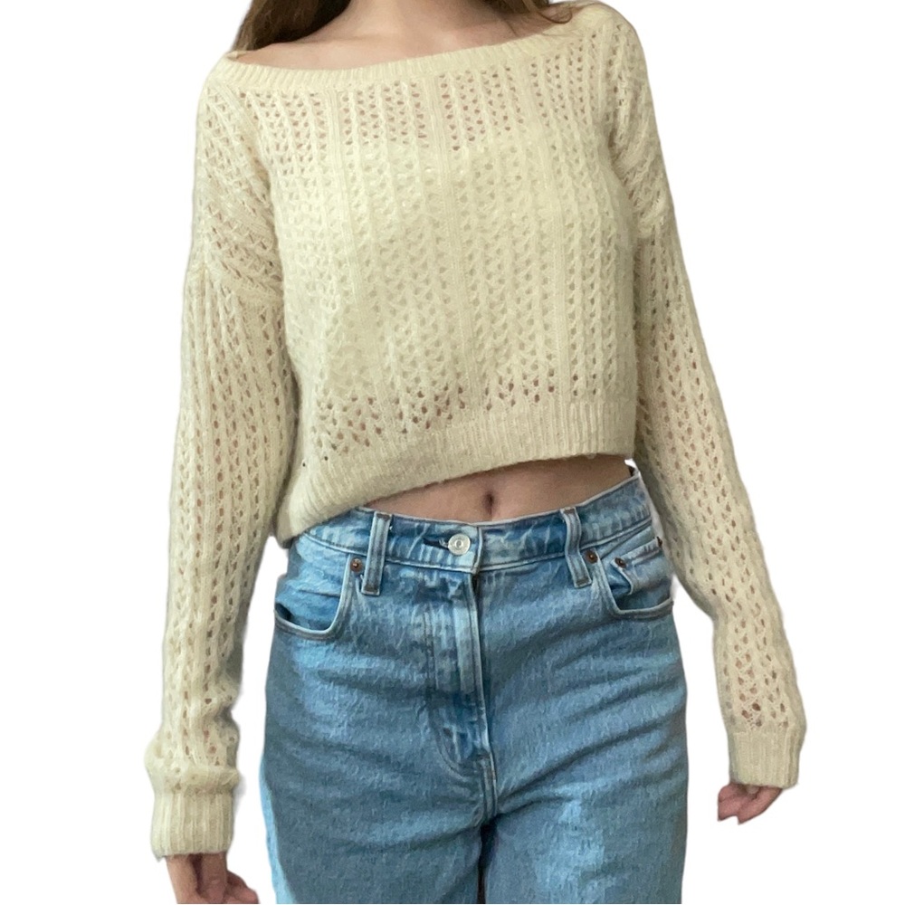 Abercrombie and Fitch Cream Open Knit Cropped Off the Shoulder Grunge Sweater